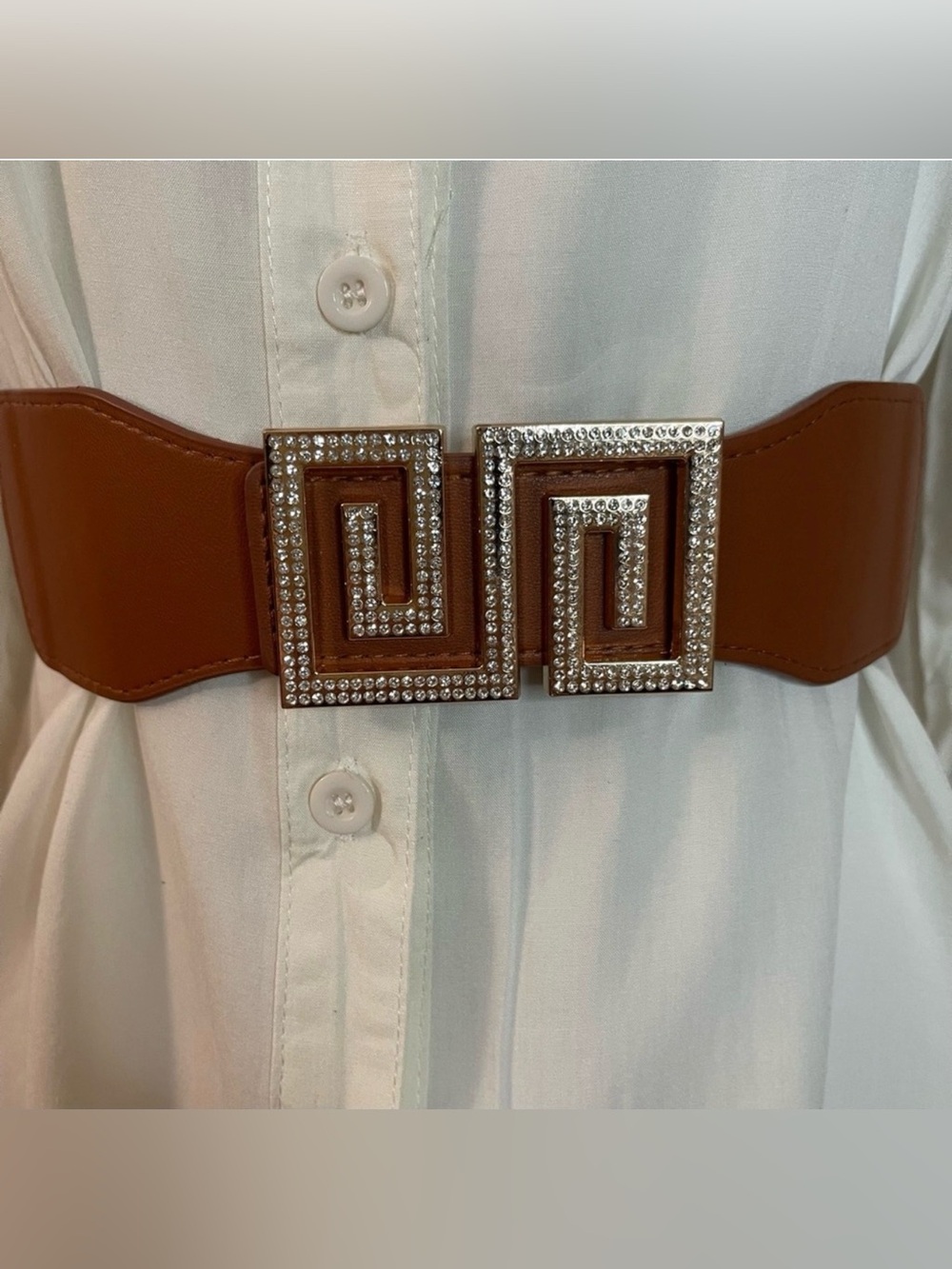 Brown PU leather rectangle buckle with rhinestones elastic waistband belt